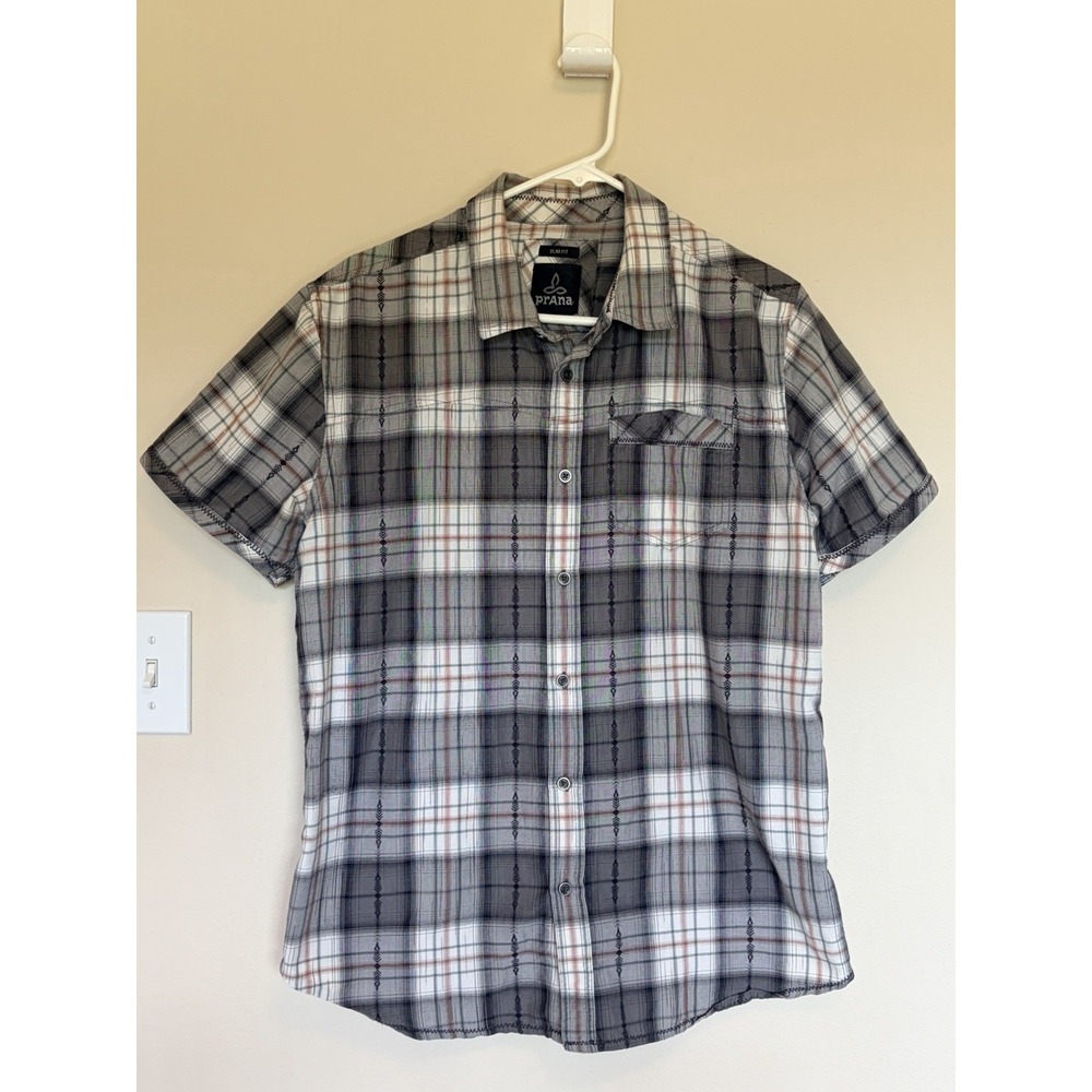 Prana Plaid Slim Fit Button Front Short Sleeved Casual Shirt Mens Large